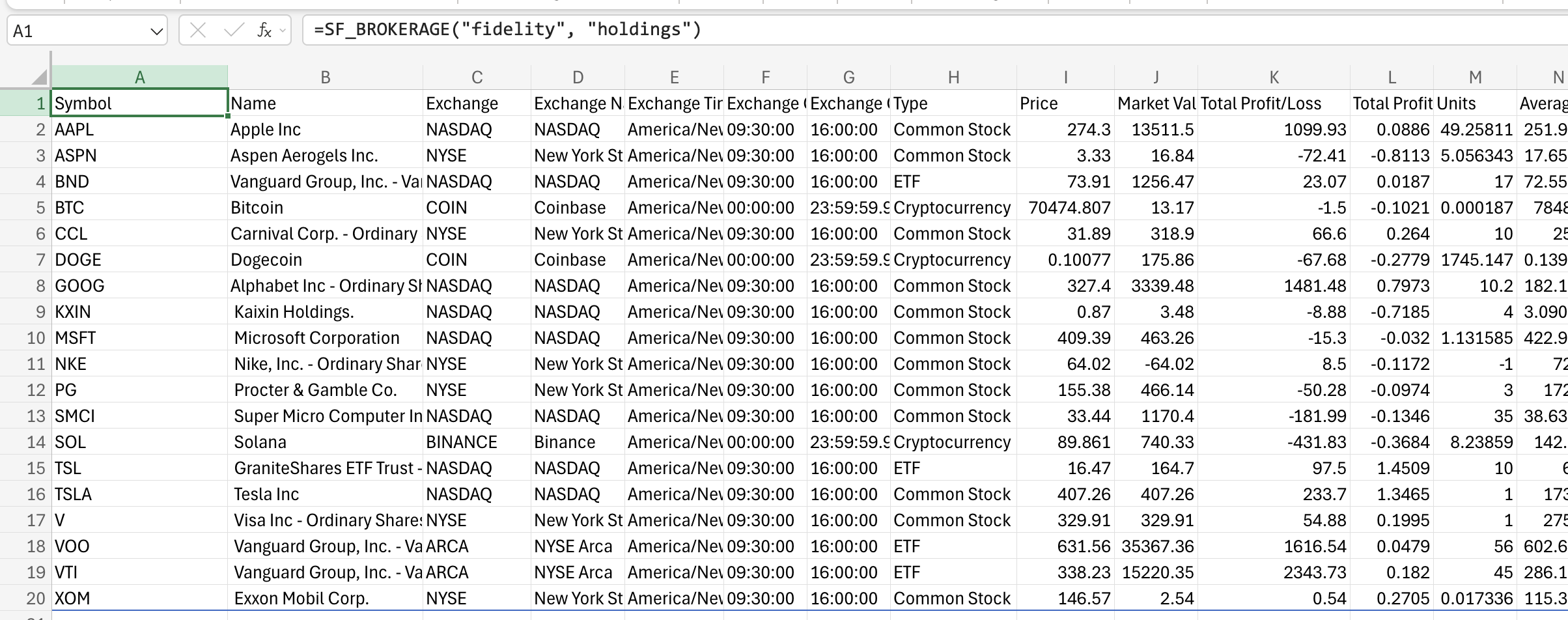 Brokerage holdings in Excel