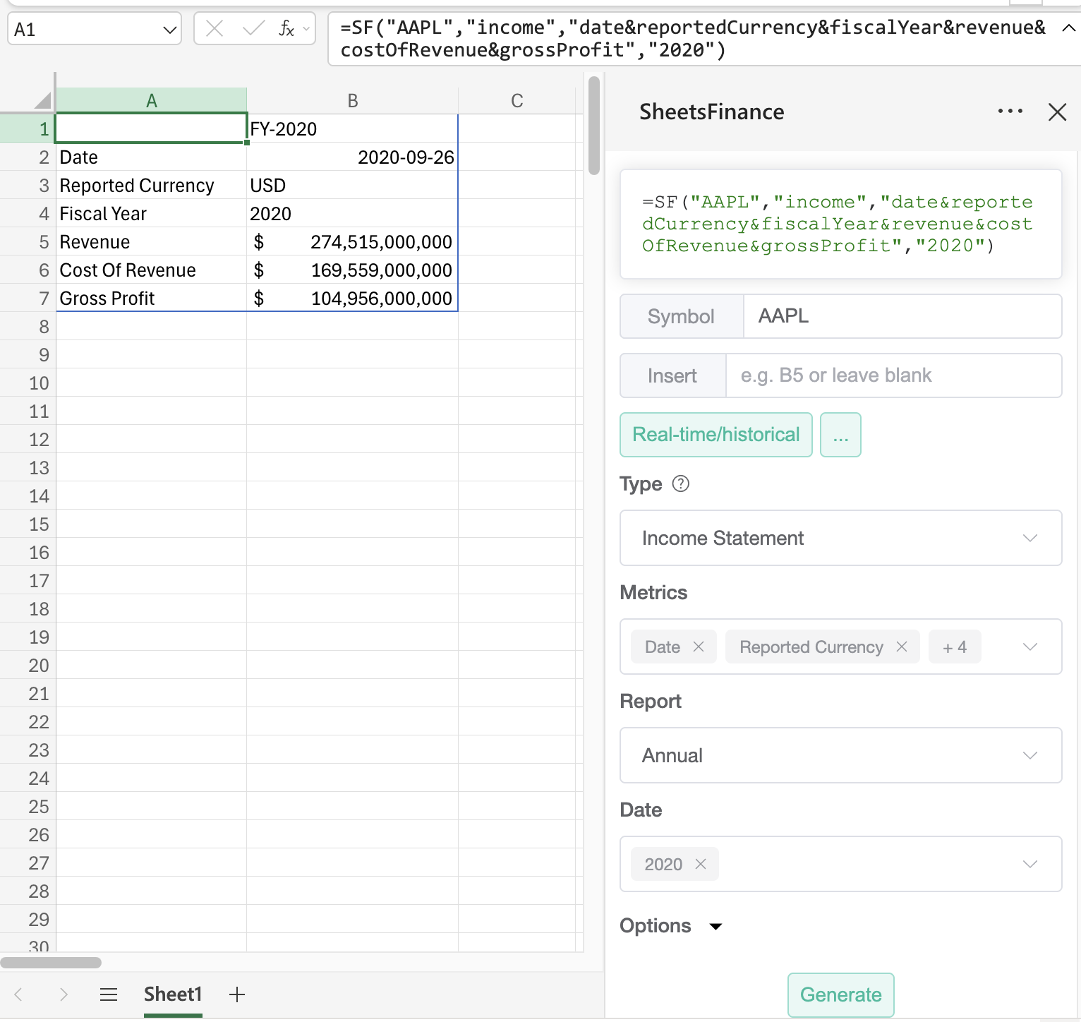 Using the Function Generator in Excel