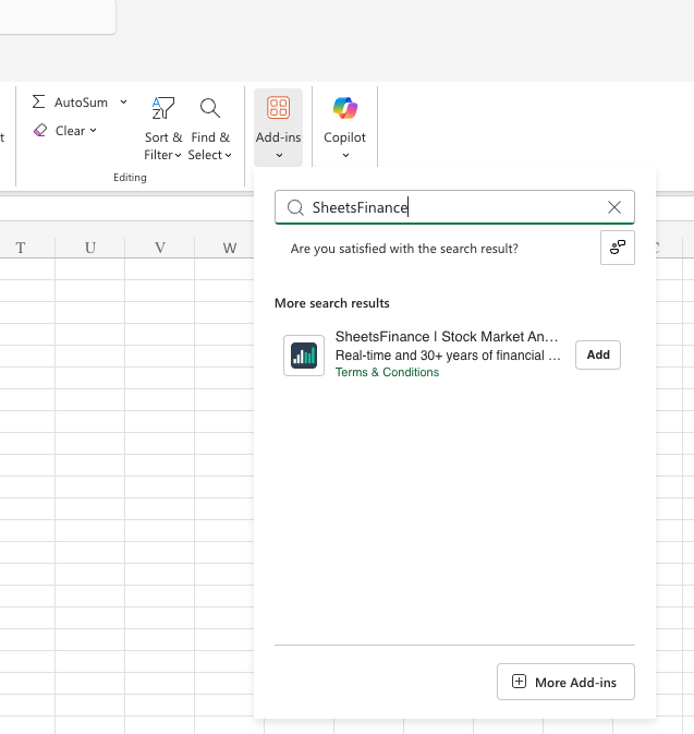 Installing SheetsFinance from Excel Add-ins store