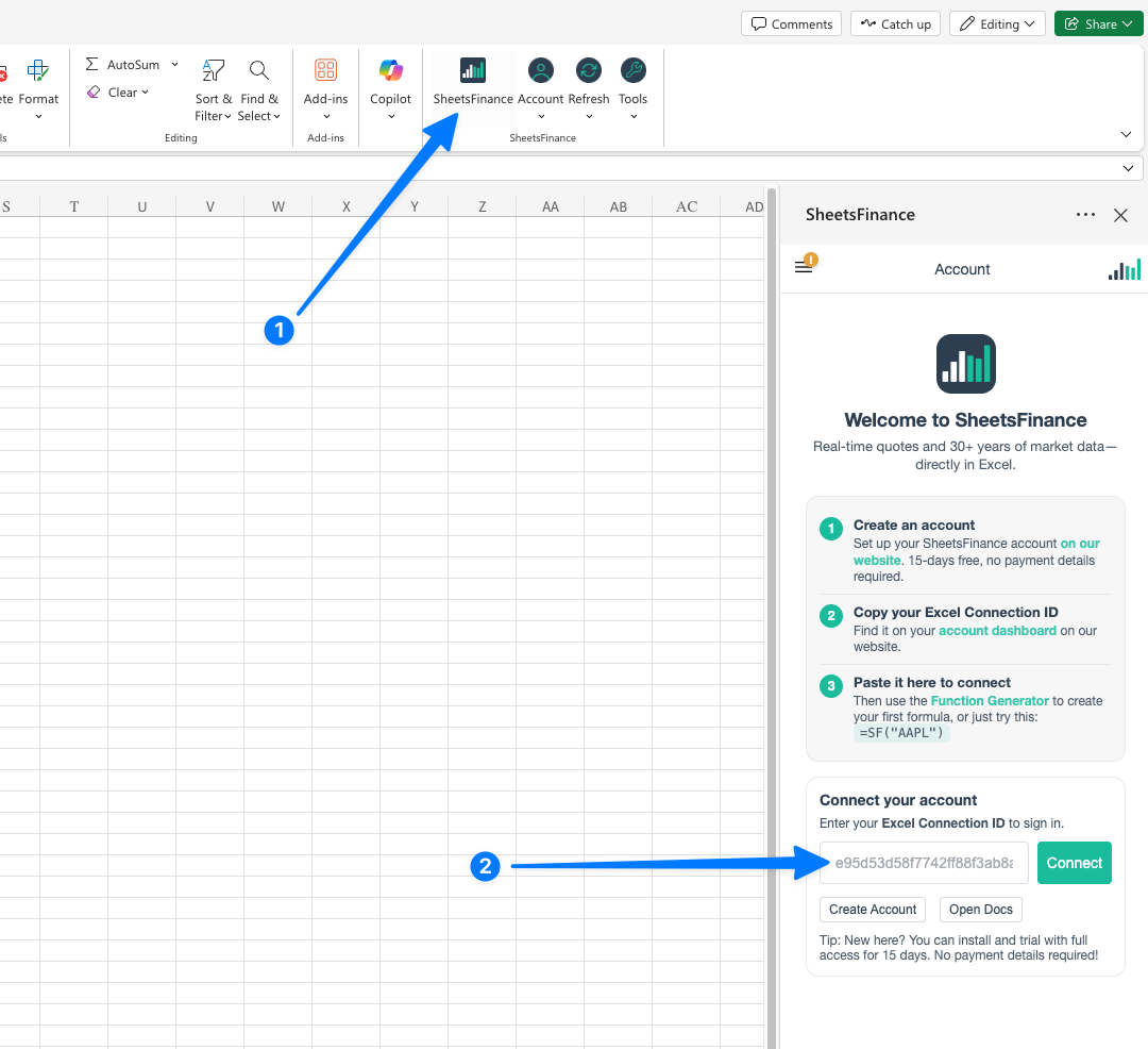 Connecting your SheetsFinance account in Excel
