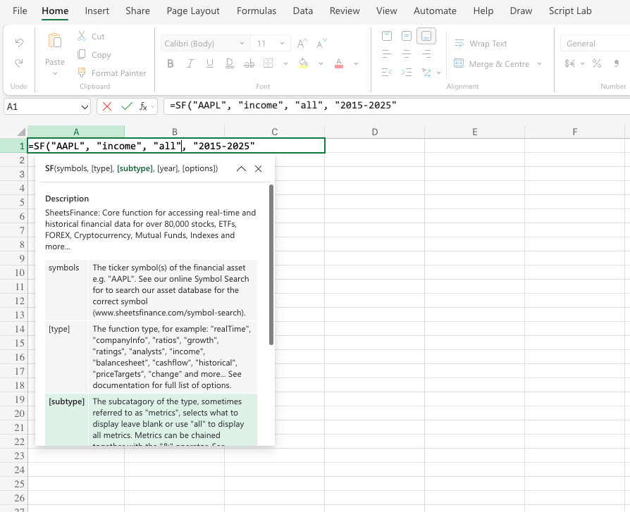 Using your first SheetsFinance function in Excel