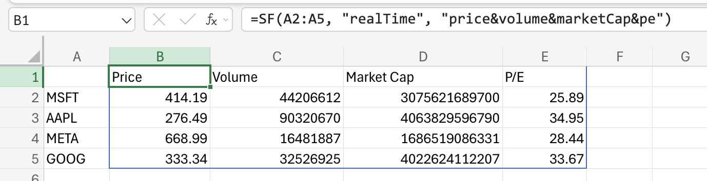 Real-time stock data in Excel
