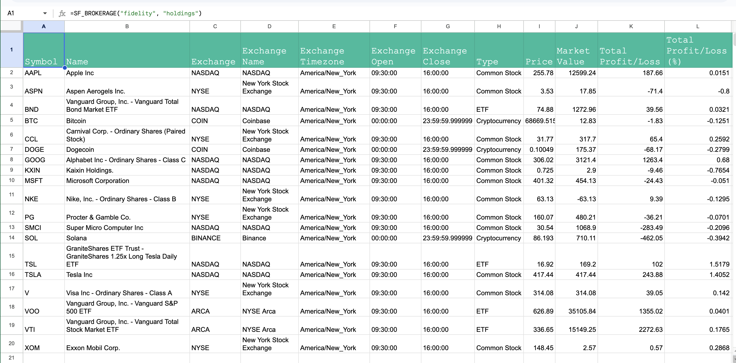 Fidelity holdings displayed in Excel