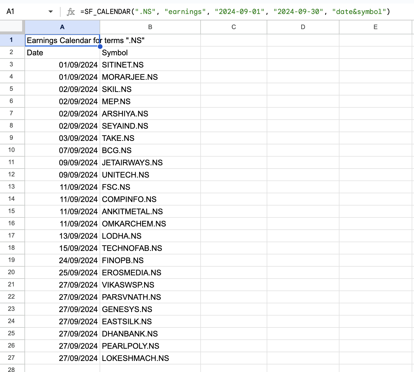 NSE Earnings Calendar in Google Sheets