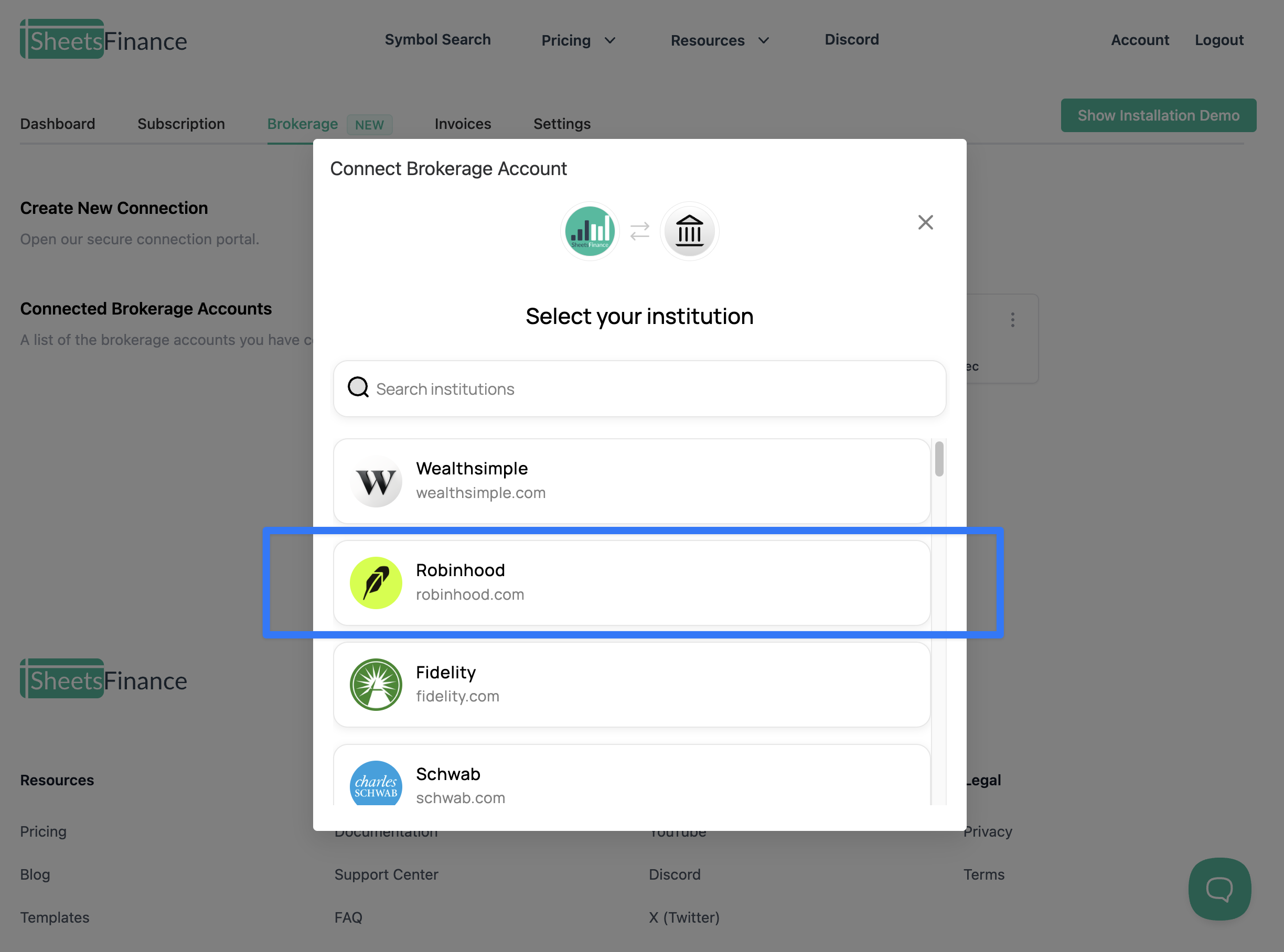 Connecting Robinhood account through SheetsFinance dashboard