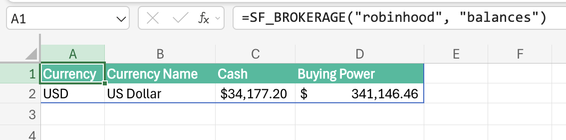 Robinhood account balances in Excel