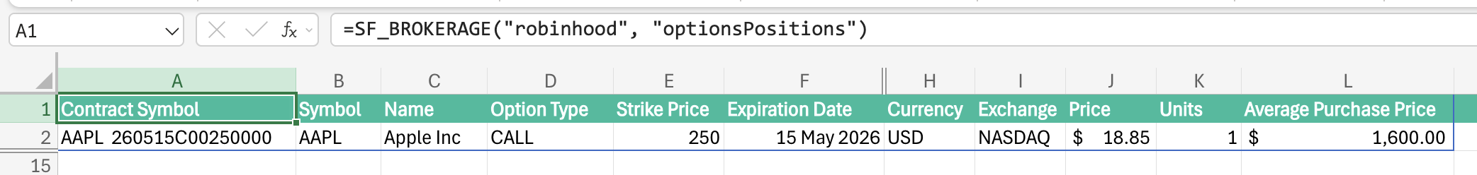 Robinhood options positions in Excel