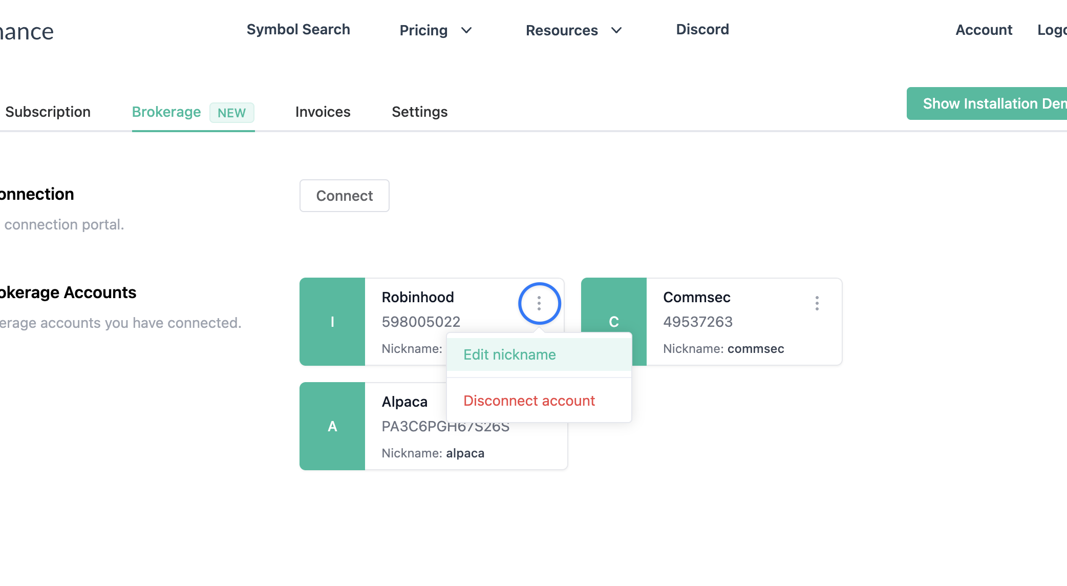 Setting a nickname for Robinhood account