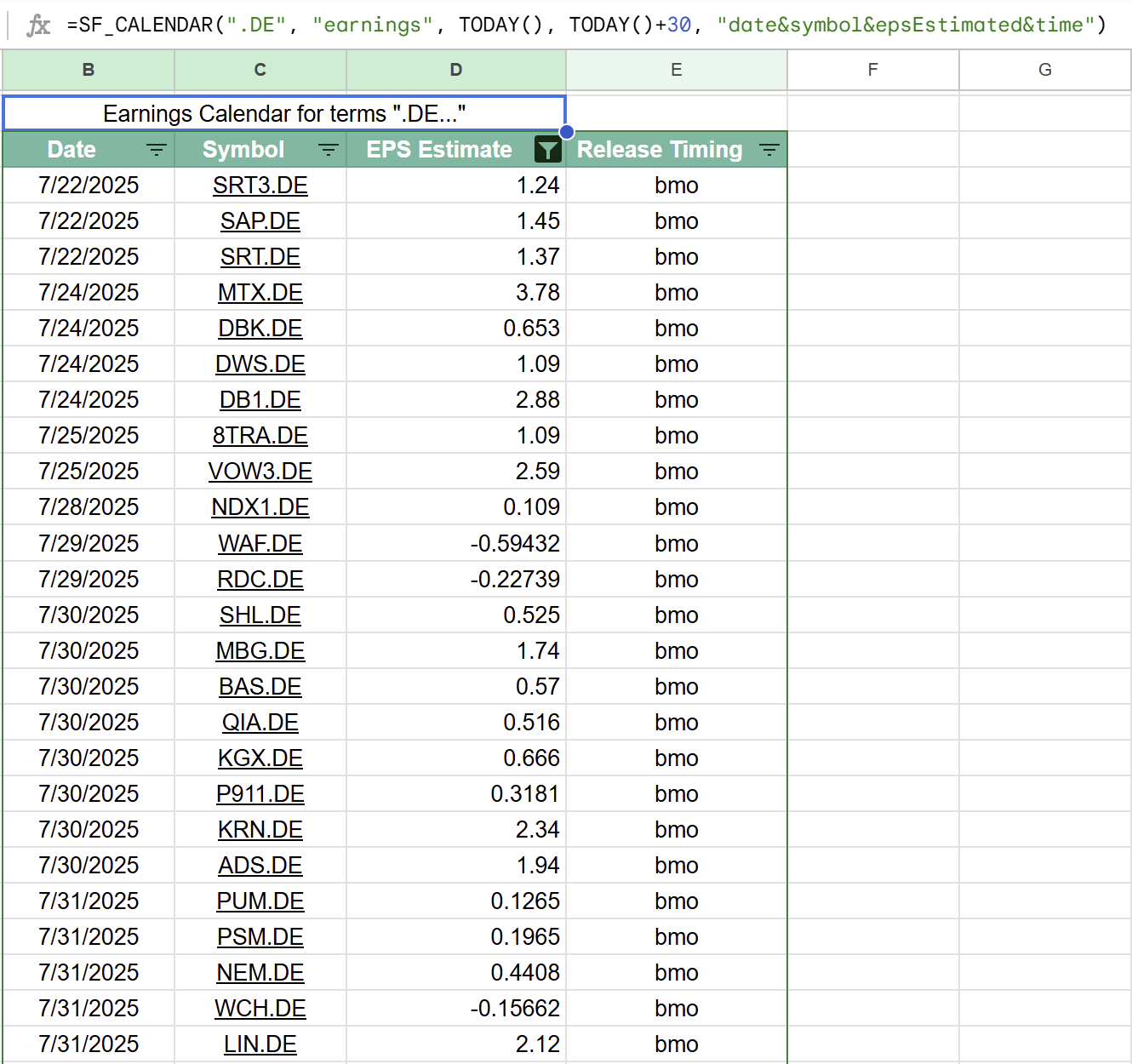 Filtered earnings calendar showing only .DE stocks with selected metrics