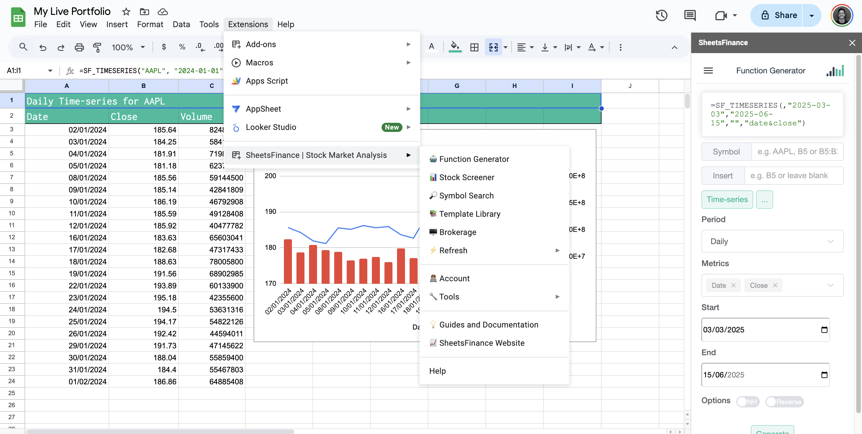 Function Generator interface for building SF_TIMESERIES formulas