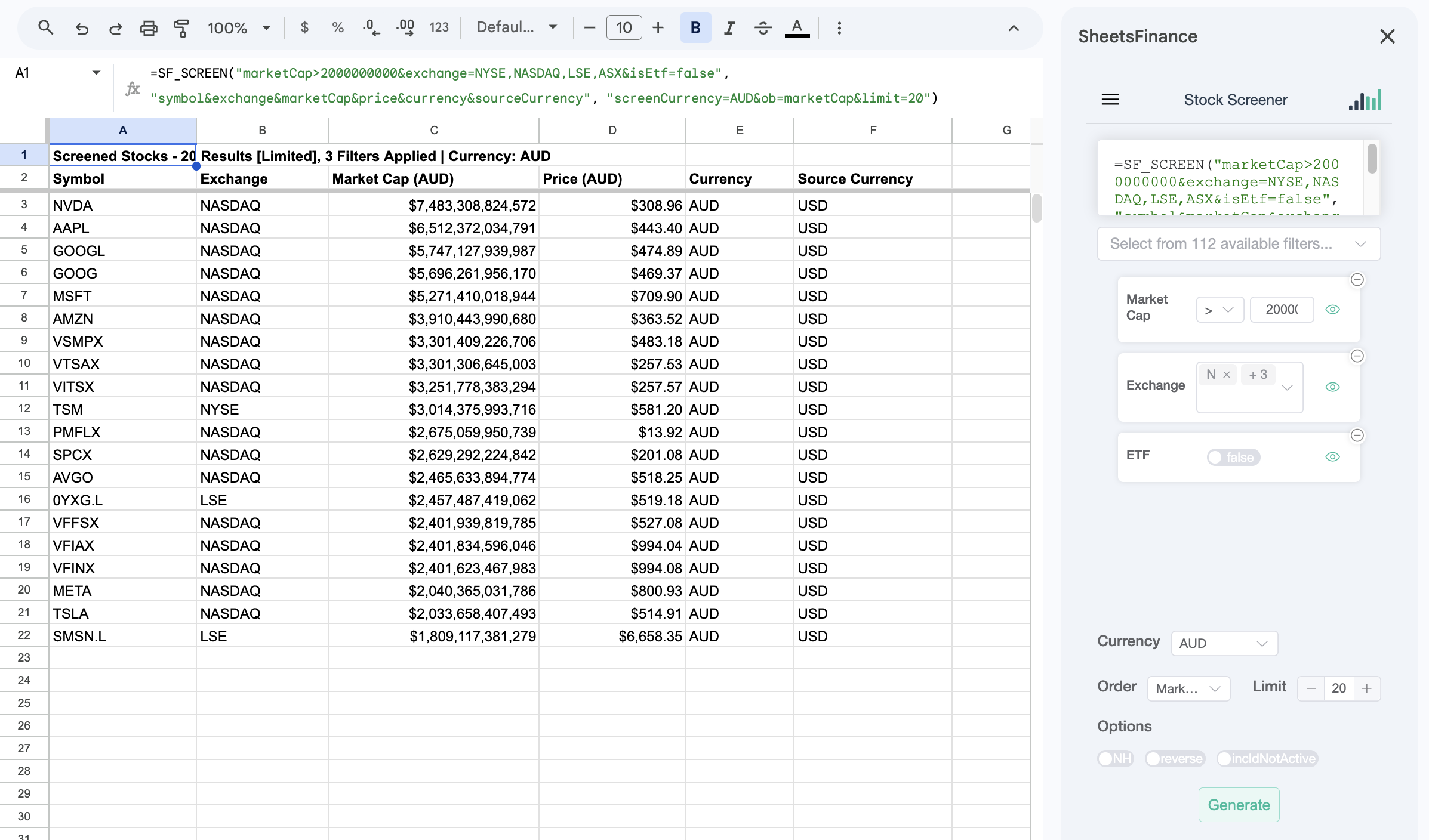 Cross-market SF_SCREEN results with market cap and price converted to Australian dollars alongside each security's source currency