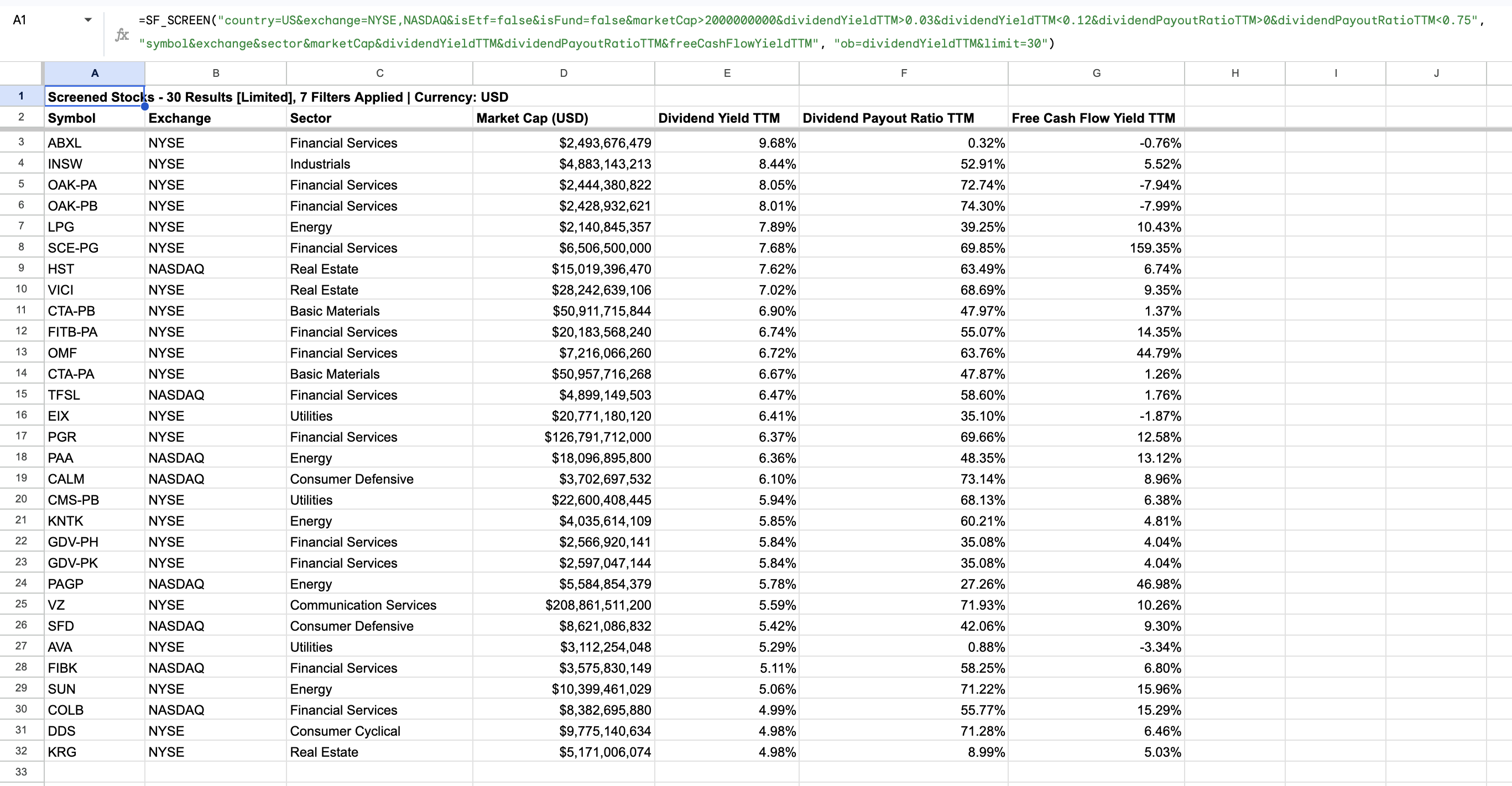 US dividend stocks screened by dividend yield, payout ratio, and free cash flow yield in Google Sheets or Excel